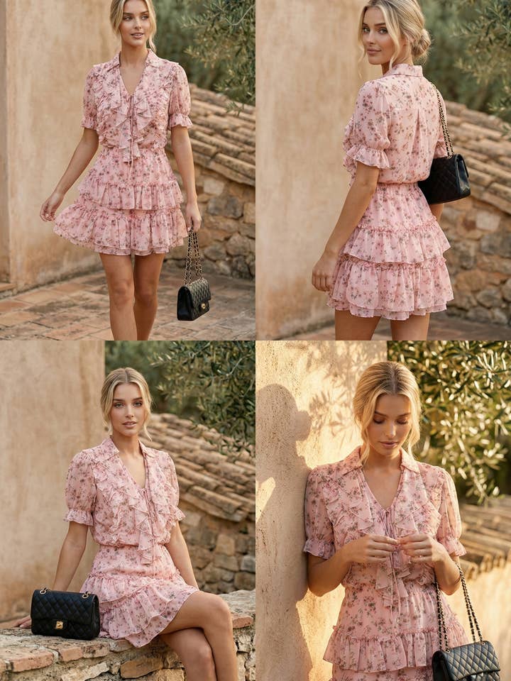 Sæt Livia – Flæsetop & Rosa blomstret nederdel for engroshandel hos LILY MCBEE