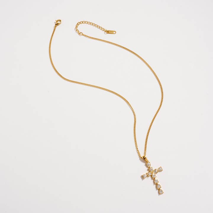 Gold Cross Necklace – Sparkling CZ Drop Pendant for wholesale by Lilla Haven