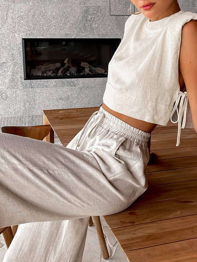 Linen Sleeveless Crop Top and Pants 2PCS Set 2TZ2186 for wholesale by Sweetkama