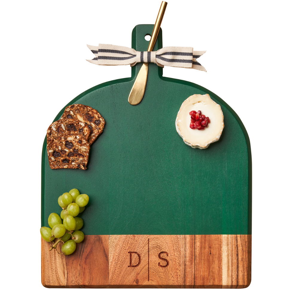 Sophistiplate – wholesale Cutting board – Acacia Bevel Board with Handle | Personalized | 15 x 12" w/ gold ribbon and gray/white spreader1