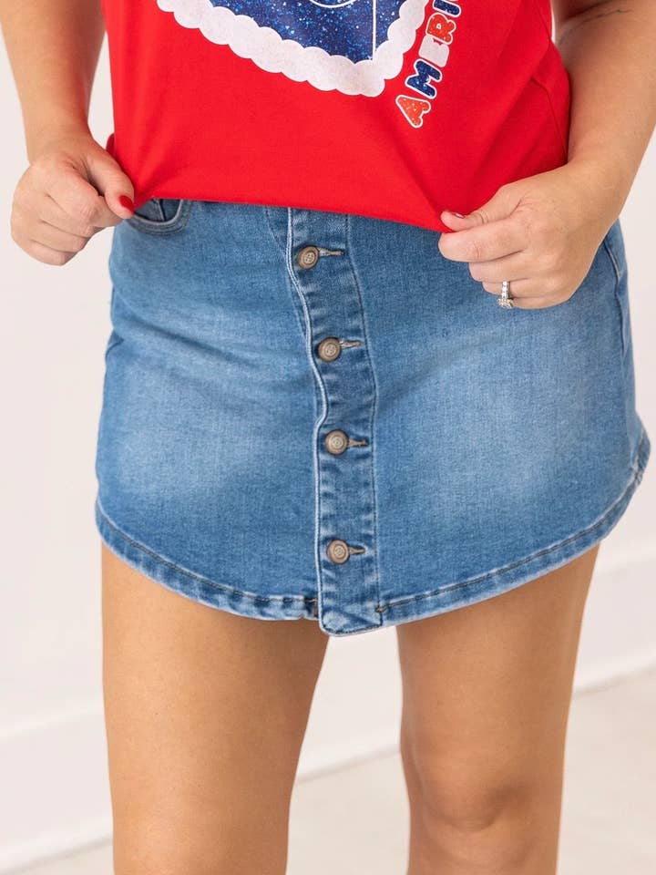 Blue The Lacey Mid-Wash Denim Skort for wholesale on Faire4