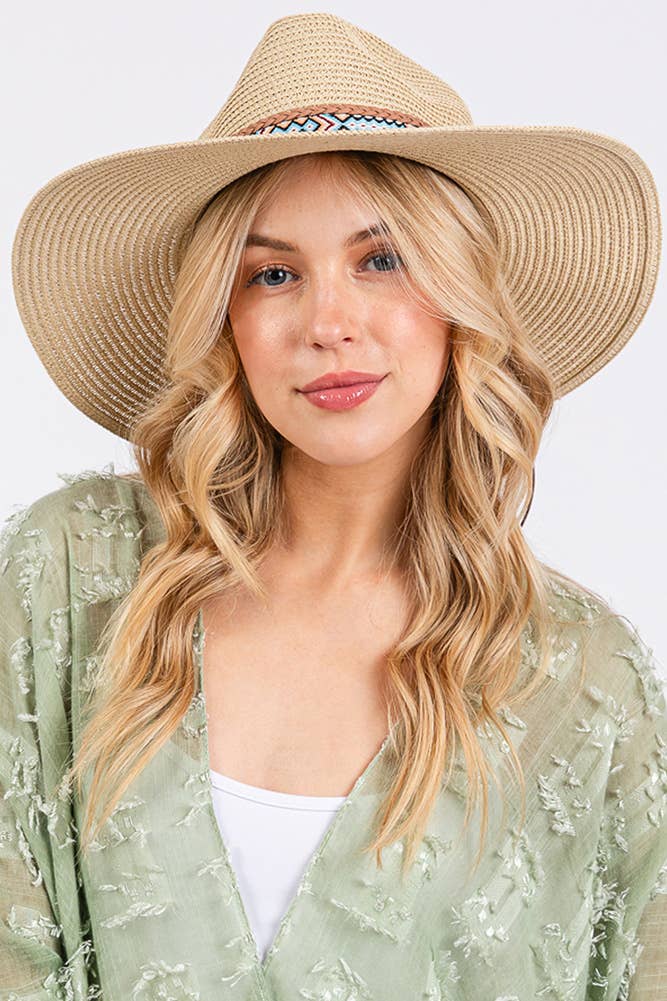 Hana – wholesale Stråhatt – Dam – Vävd Boho Aztekiskt Mönster Band Sommar Solhatt4