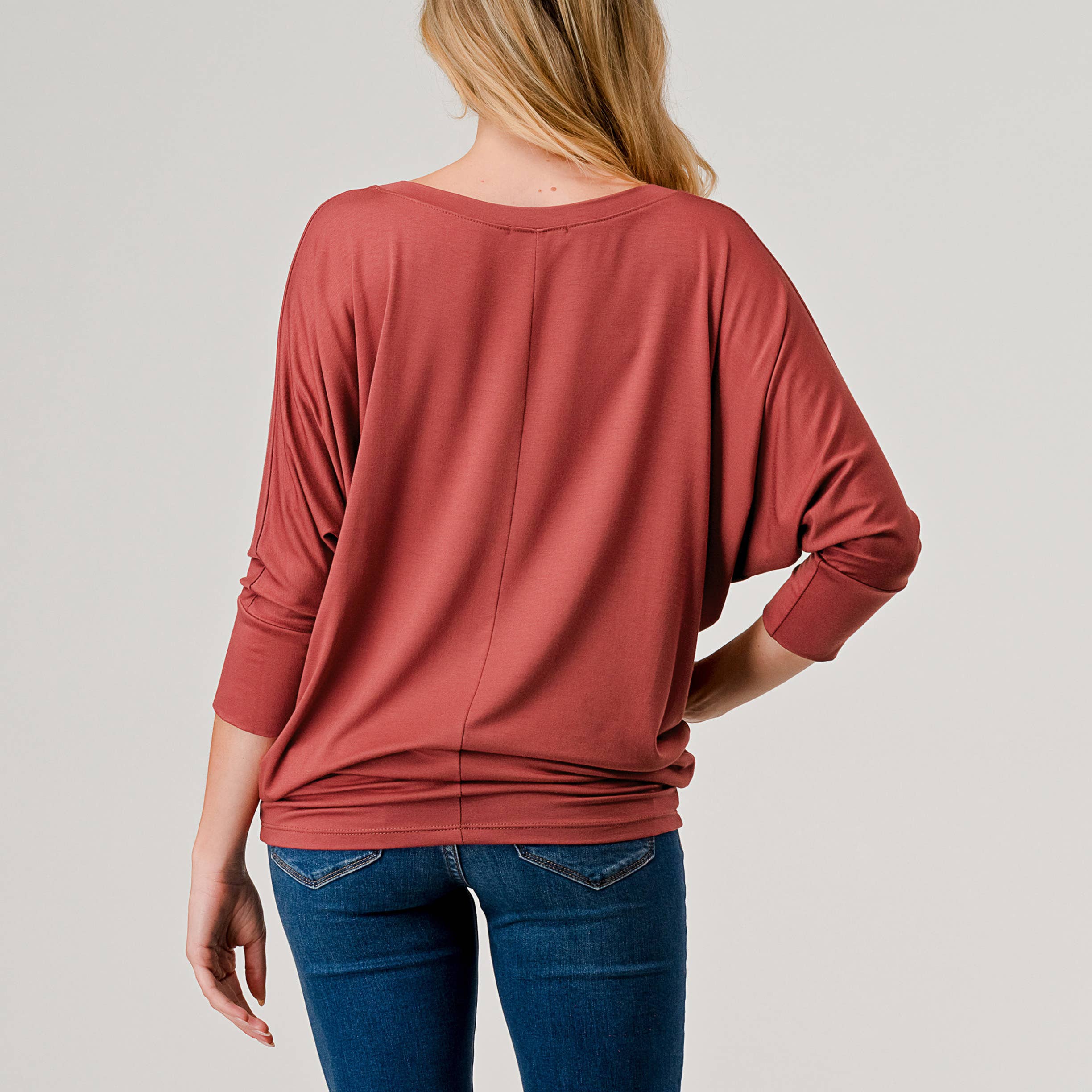 Heimious - Wholesale Knit Top - Women's - 3/4 Dolman Sleeve V-neck Modal Jersey Top, 257361