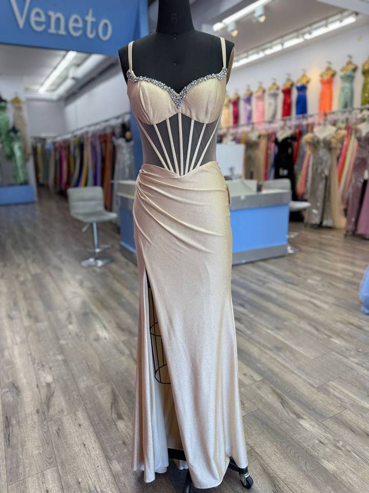 La Veneto - Wholesale Dress - Women's - Stretch glitter,sweetheart neckline, sheer embellished bodic9