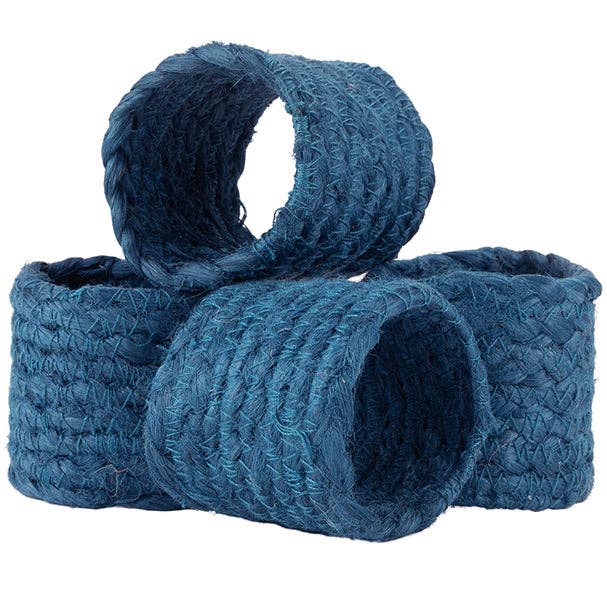 BRITISH COLOUR STANDARD - Silky Jute Napkin Rings in Petrol Blue, Tied Set of 4, 1.9'' D for wholesale by British Colour Standard North America