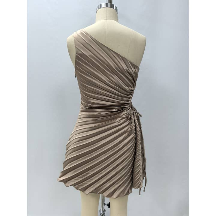 PLEATED WAIST CUTOUT WITH A DRAWSTRING ONE SHOULDER MINI DRE for wholesale by LENA