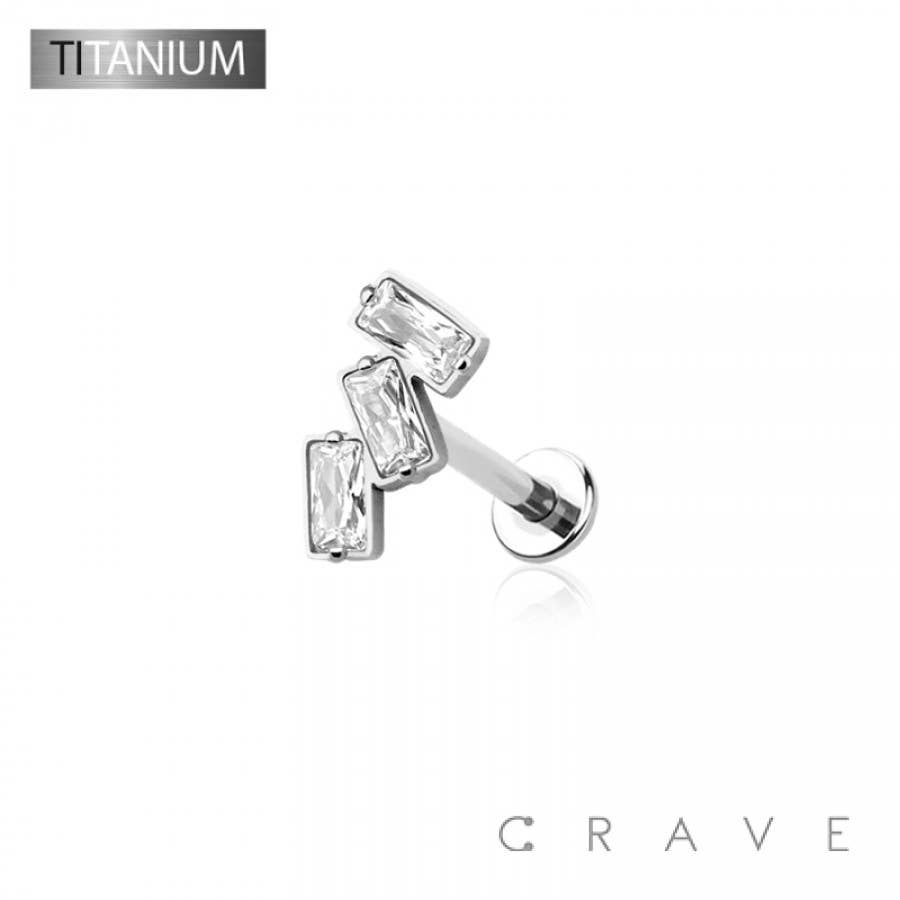 CRAVE - Wholesale Stud/Post Earrings - IMPLANT GRADE SOLID TITANIUM TRIPLE BAGUETTE LINE CZ PUSH IN0