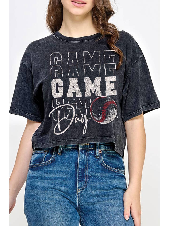 Rustee Clothing - Wholesale Screen Printed T-Shirt - Women's - BASEBALL GAME DAY MINERAL GRAPHIC LONG CROP TOP