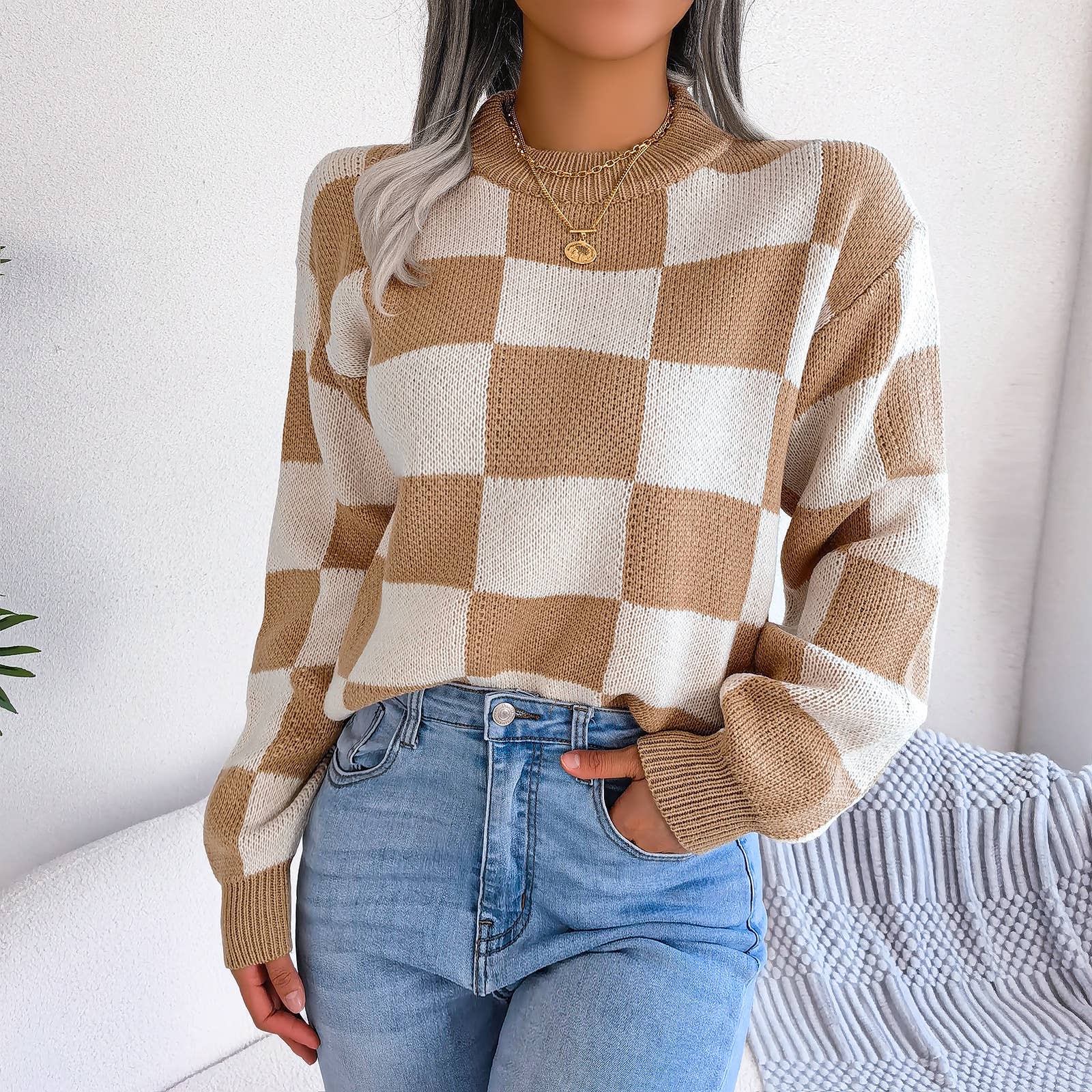 HIDDENBRAND - Wholesale Knit Sweater - Women's - Contrast plaid pullover knit sweater9