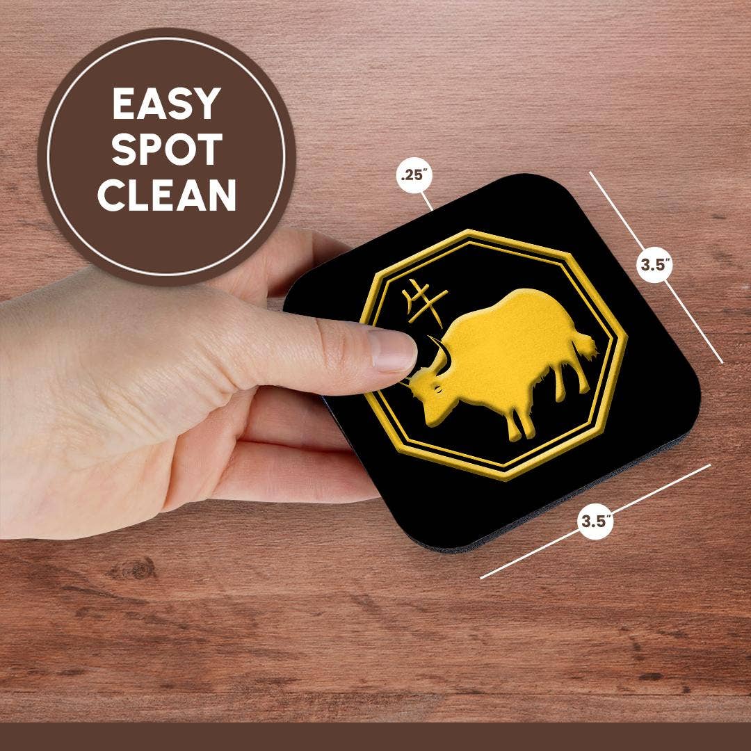 3dRose - Wholesale Coasters - 3dRose, Chinese zodiac symbols. Yellow on black image. The year of the ox, Coaster13