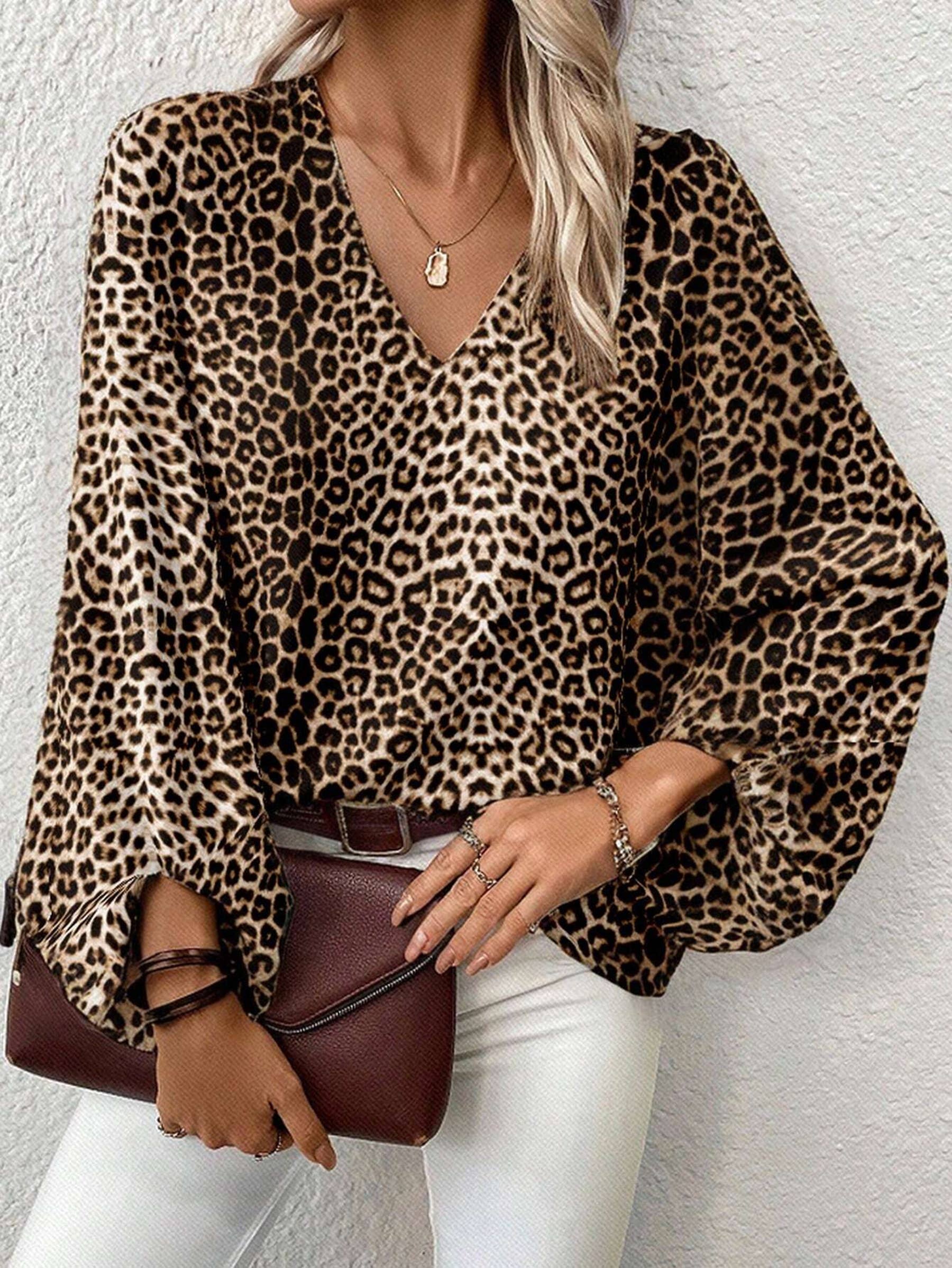 Brown V-neck Leopard Print Casual Long Sleeved Top for wholesale on Faire1