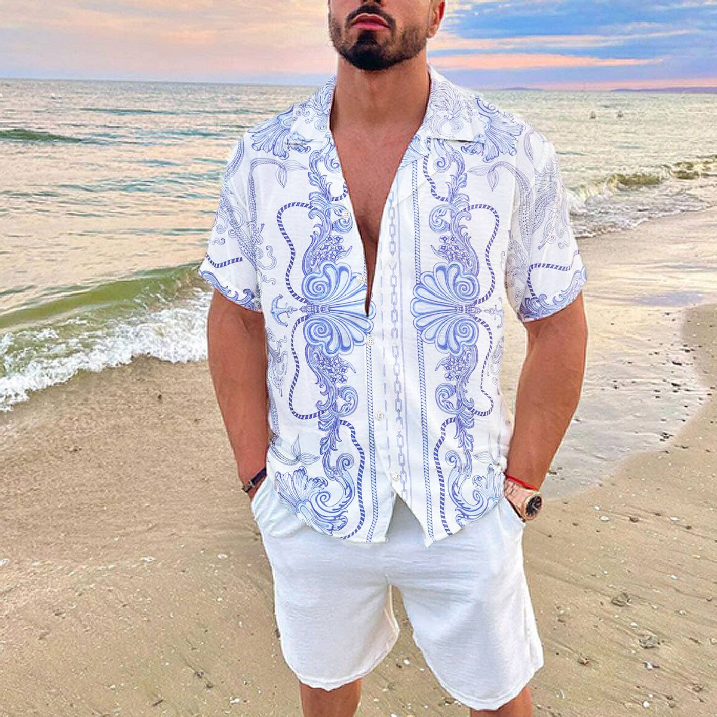 WEIV - Wholesale Button Down Shirt - Men's - Mens Fashion Status Print Top Button Down Short Sleeve Shirt