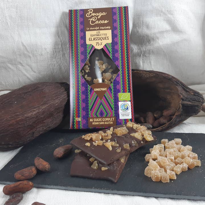 75% ginger chocolate bar, 70g for wholesale by Bouga CacaO