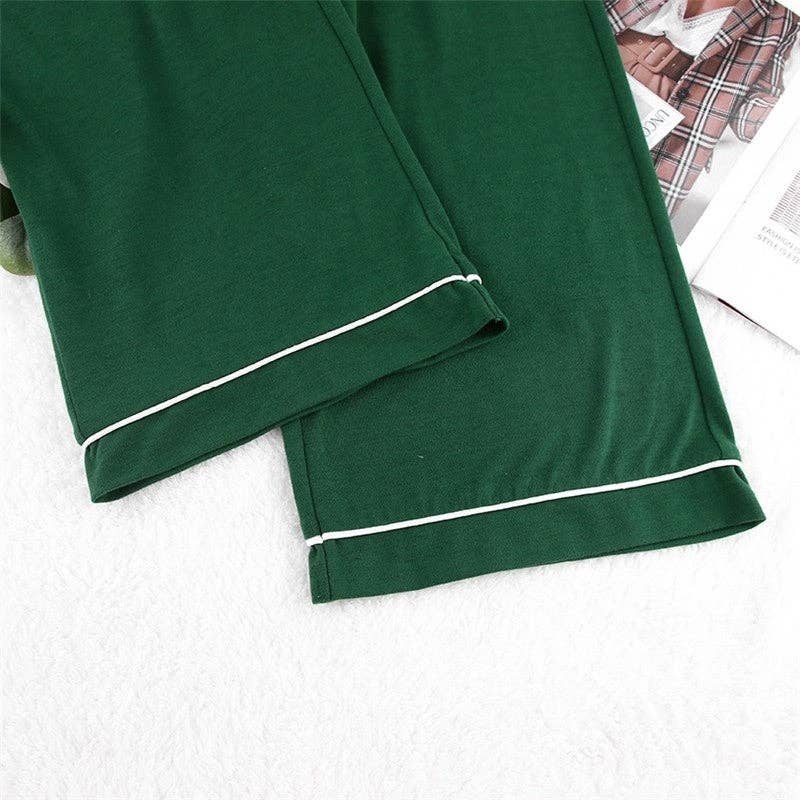 GREEN Color Block Long Sleeve Lapel Button-Up Blouse and Pants Set - Cozy Homewear Pajamas for wholesale on Faire9