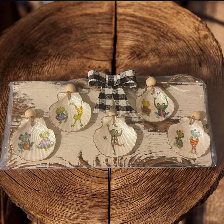 Handmade Frog Decoupage Shell Ornaments: Coastal Decor Set for wholesale by CC Shells Gifts LLC