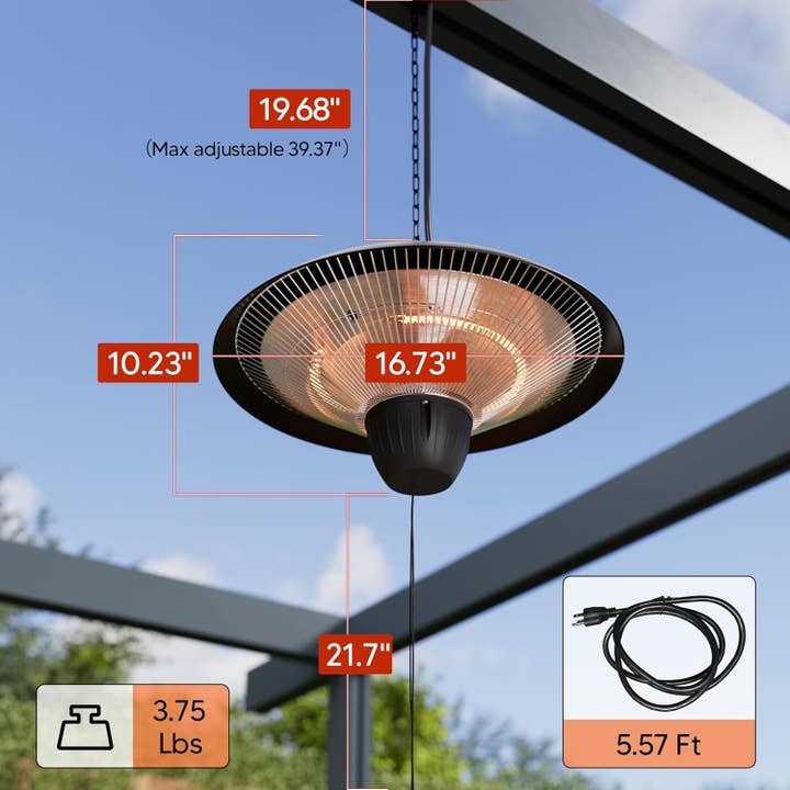 Outdoor Patio Heater, 1500W Electric Hanging Heater, Ceiling Mounted Heater for Balcony, Infrared Heater for Courtyard, Garage, Overheat Tip-Over Protection, Waterproof, Adjustable Height, Black for wholesale on Faire