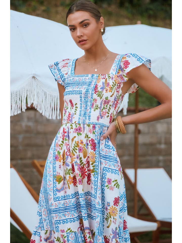 White Multi Plus Patchwork Printed Flutter Sleeve Midi Dress for wholesale on Faire