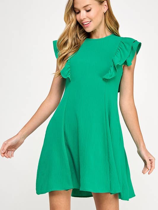 Solid swing dress with ruffle shoulder detail for wholesale by Lemon Tree