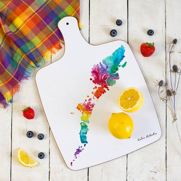 Outer Hebrides Watercolour Map Chopping Board for wholesale by Sarah Leask Studio