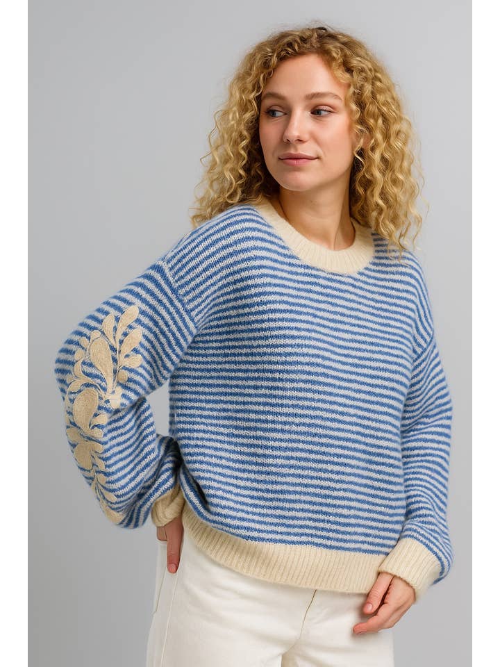 Blue ✨Striped Embroidered Wool Sweater – Softness & Elegance in Knit AP160 for wholesale on Faire1