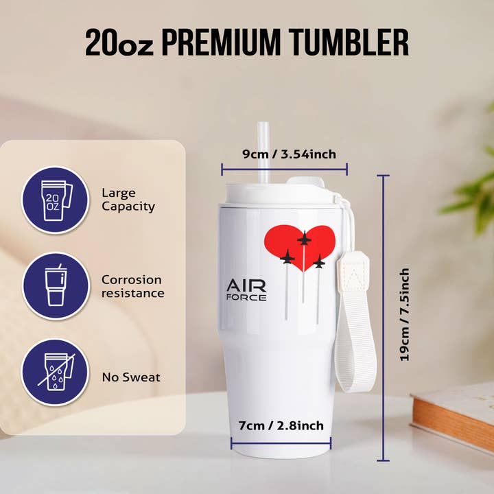 3dRose - Wholesale Insulated Mug/Tumbler - 3dRose, Red heart, three fighter planes, contrails. Text Air Force on white, Tumbler1