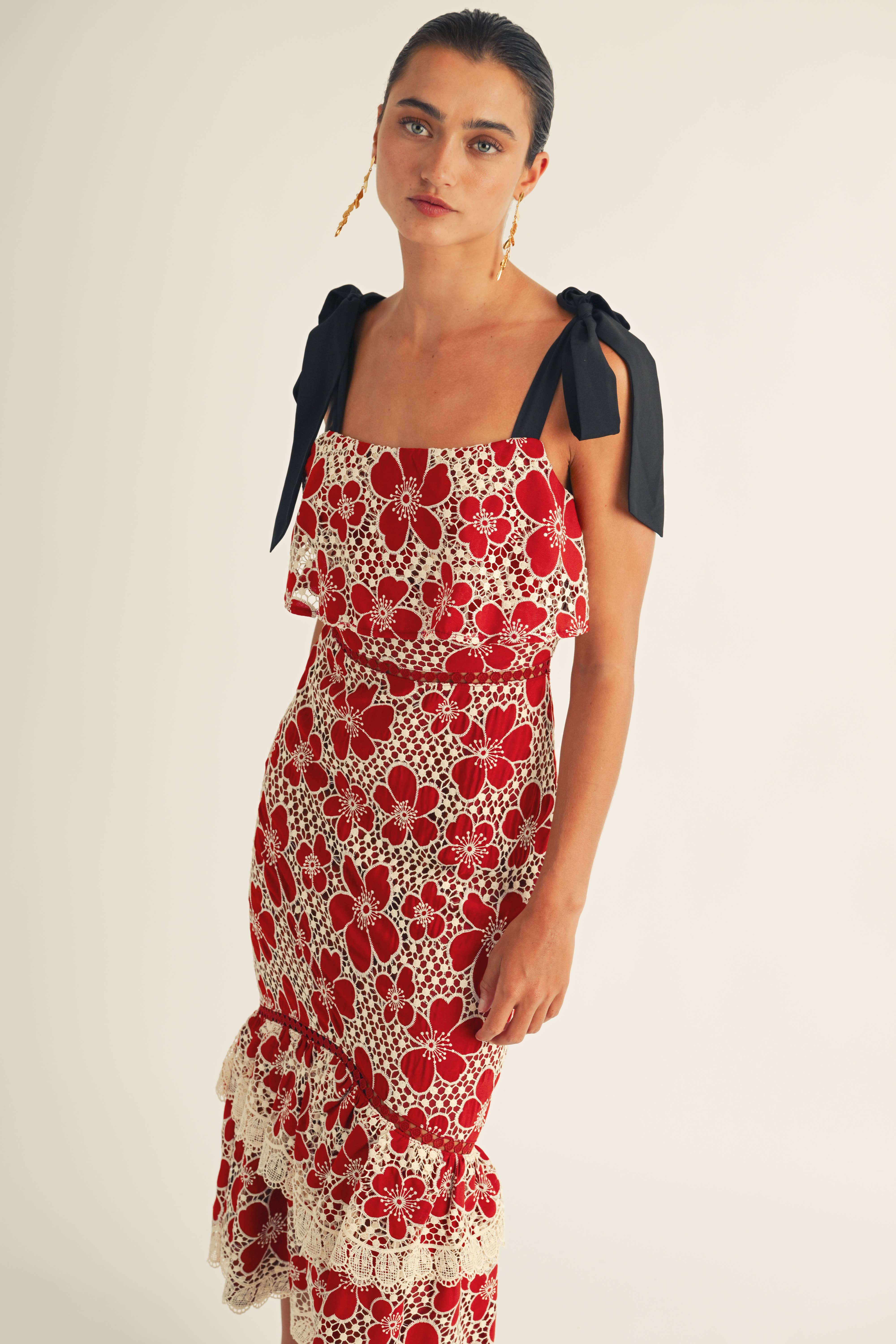 JUST ME - Wholesale Dress - Women's - Flower Embo Lace Ruffle Bottom Midi Dress1