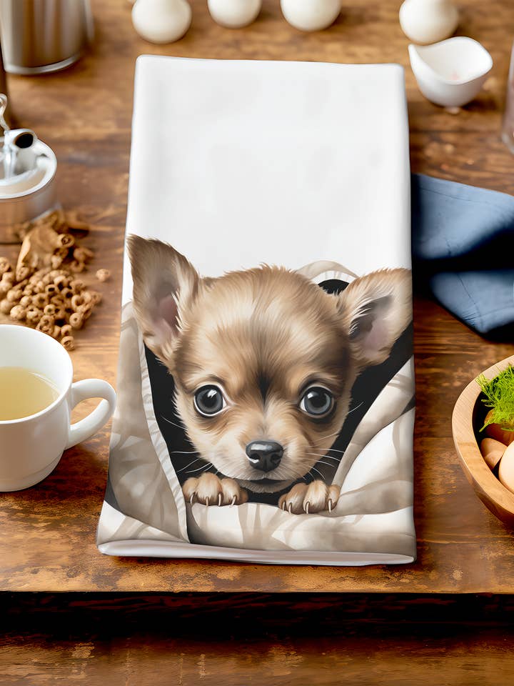 Matty - Söt valp i filt - Unik hundkökshandduk för wholesale av Homemade Hollydays Wholesale