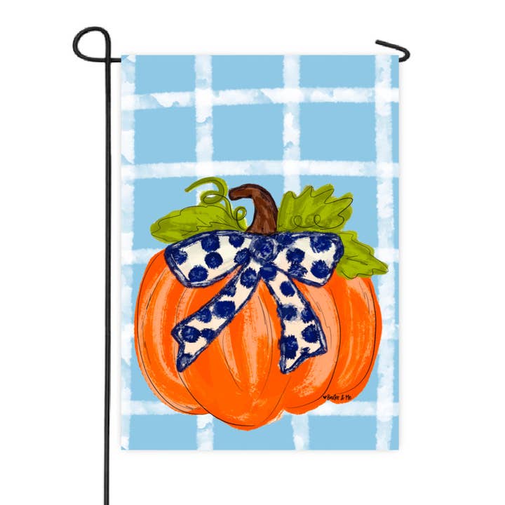 Baxter & Me - Wholesale Flag - Blue Plaid Pumpkin with Navy Bow Garden Flag1