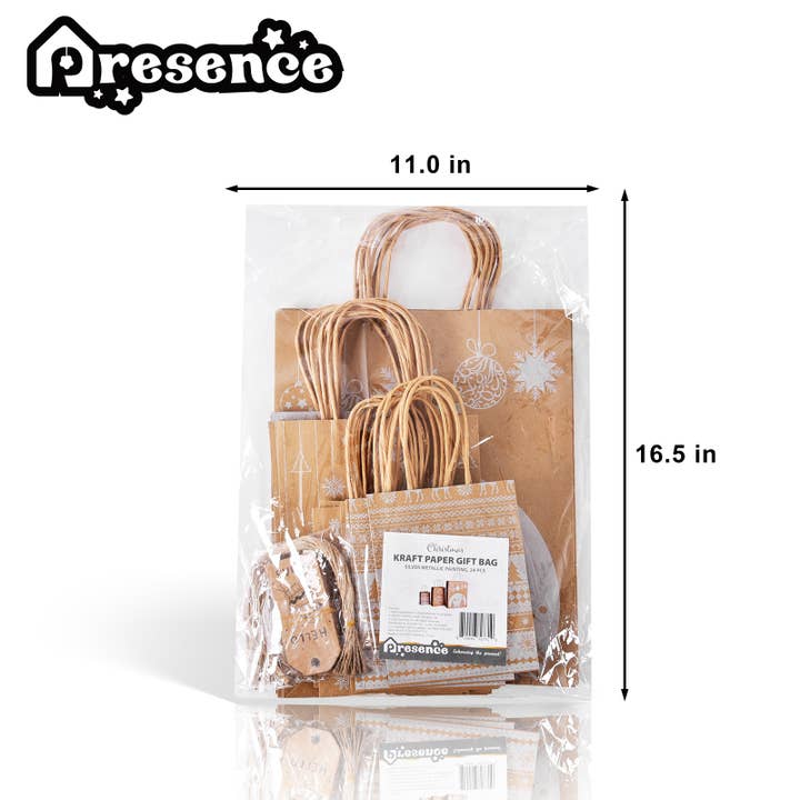Presence - Wholesale Gift Bag Set/Pack - 24PCS Eco-friendly Kraft Christmas Gift Bags, 3 Sizes