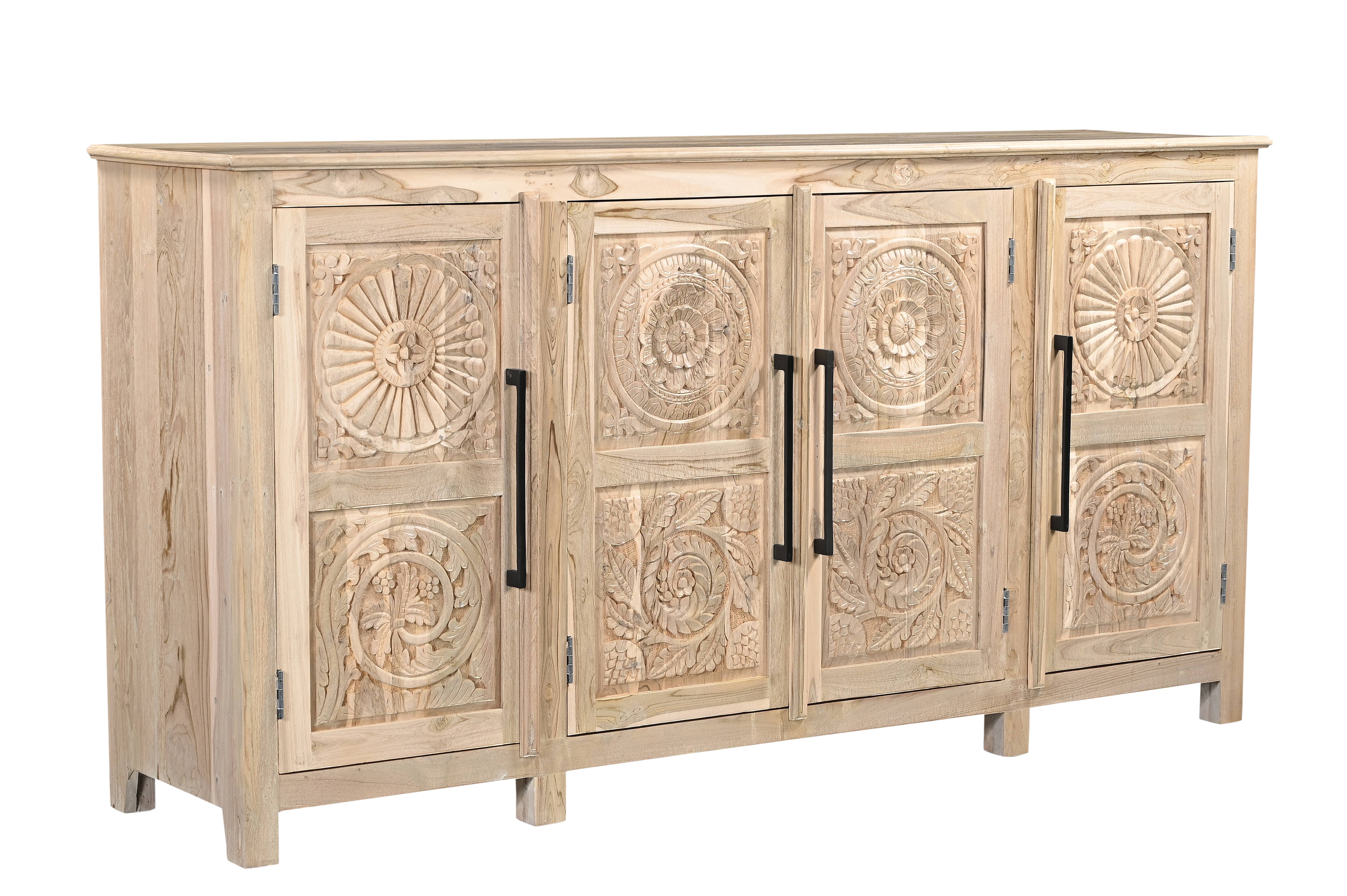 HomeRoots - Wholesale Sideboard - 74" Natural Distressed Solid Wood Carved Floral Sideboard with Four Doors