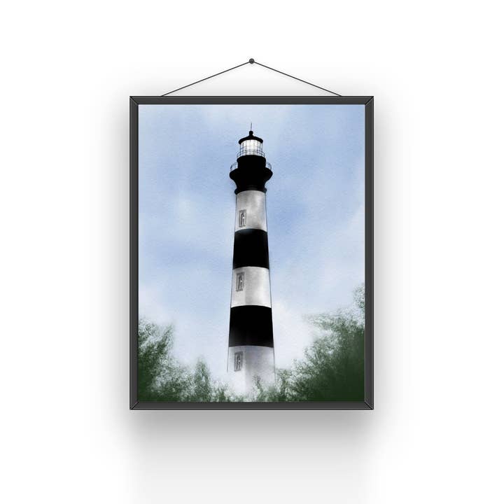 Impression artistique sur la côte du phare de Bodie Island en Caroline du Nord pour la vente par Modera Studio