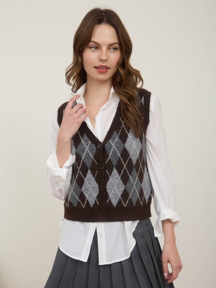 The Workshop Studio - Vente Veste sans manches – femme - GILET EN MAILLE À BOUTONS AVEC MOTIF ARGYLE0