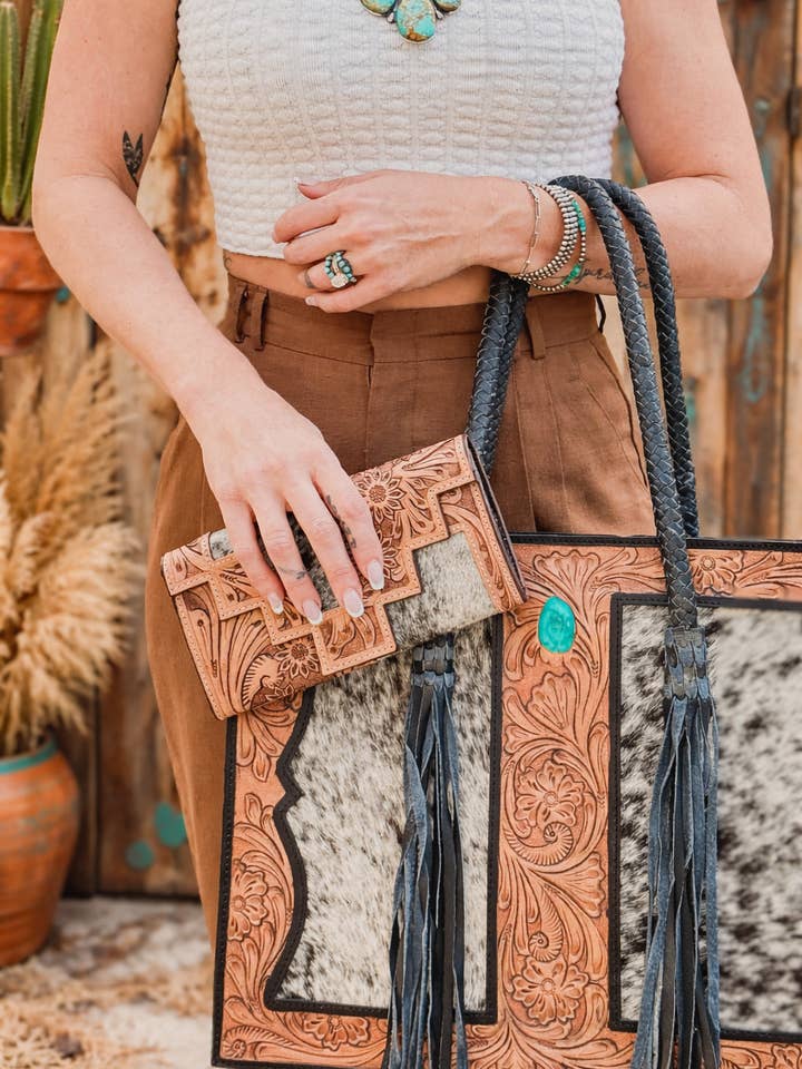 Turquoise Tooled Cowhide Concealed-Carry Tote – Double Zipper Back for wholesale by East Coast Carry