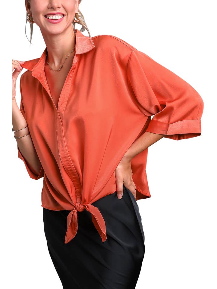 Vanilla Monkey - Wholesale Blouse - Women's - Satin Collared Button Down Front Tie Top