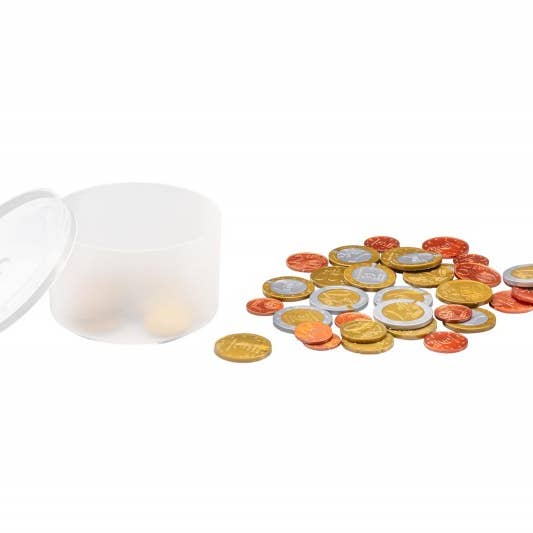 coppery brass Play money coins small set (50 coins) for wholesale on Faire