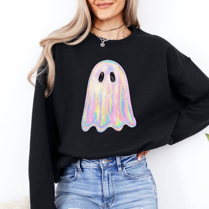 Refinery Number One LLC - Wholesale Graphic Sweatshirt - Unisex - Shimmering Ghost, Iridescent Ghost Halloween Sweatshirt