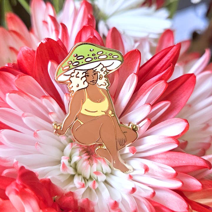 Olive Mushroom Girl - Hard Enamel Pin for wholesale by Sugar Lich