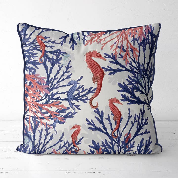 Coral Seahorse Pink Blue Coastal Pillow or Outdoor Cushion for wholesale by FabFunky Ltd