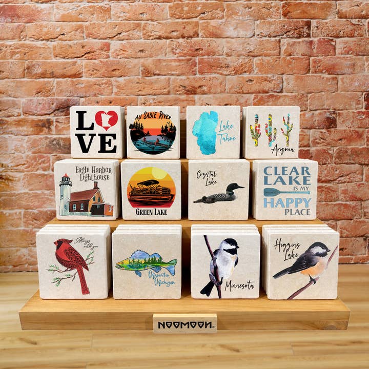 12 Design Wooden Coaster Display for wholesale by Noomoon