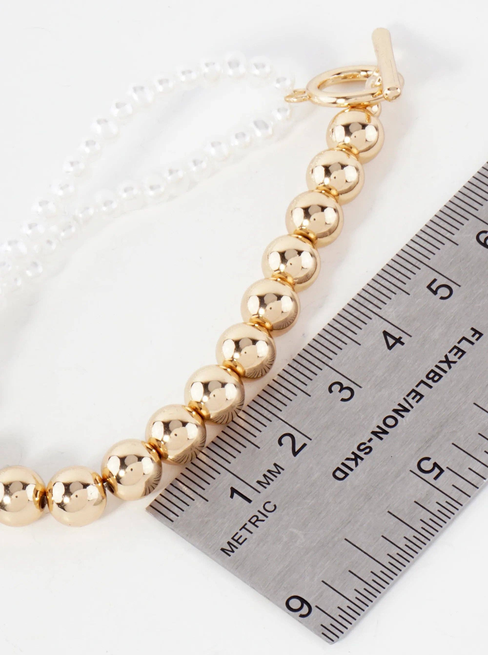 Wild Honey - Wholesale Beaded Bracelet - 7mm Metallic-Bead 4mm Pearl-Bead Toggle-Closure Stretch Bracelet3