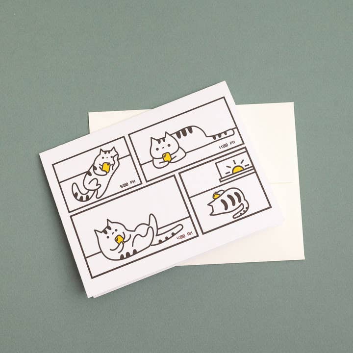 Tarjeta de felicitación de gato que hace doomscrolling para venta al por mayor de Kayan Pepper Co.