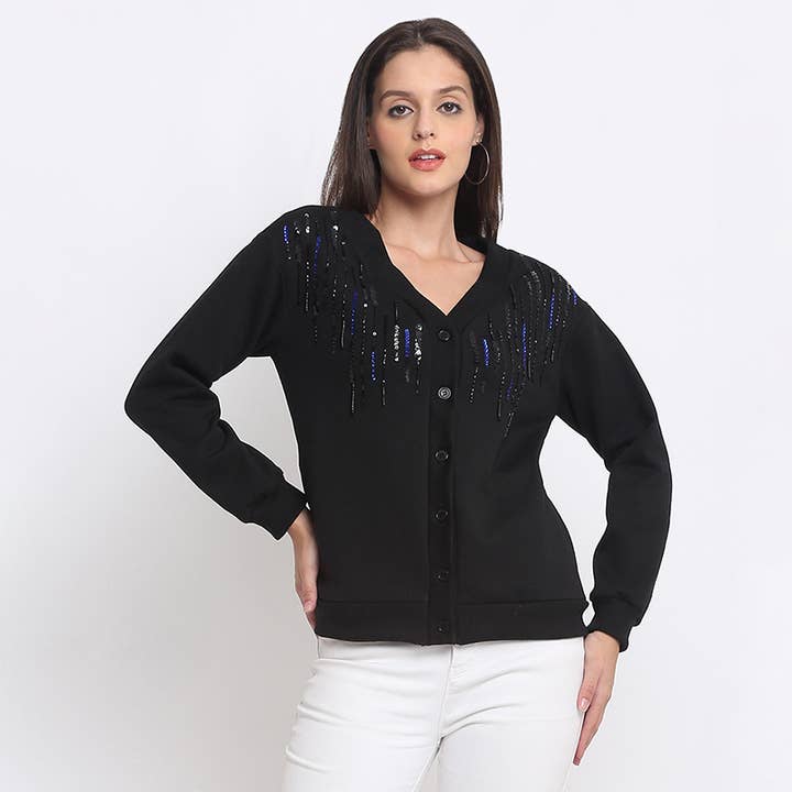 V-Neck Black Embroidered Long Sleeves Casual Cardigan for wholesale by Benares
