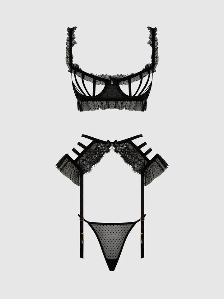 House of Desire - Wholesale Lingerie Set - Women's - PORTIA SWISS DOT CUTOUT BRA, GARTER & THONG SET