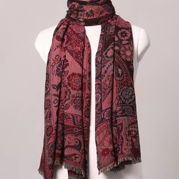 SVEZElife - Wholesale Scarf - Women's - Dual Tone Paisley Jacquard Cotton Viscose Scarf - Magenta Brown | SVEŽElife