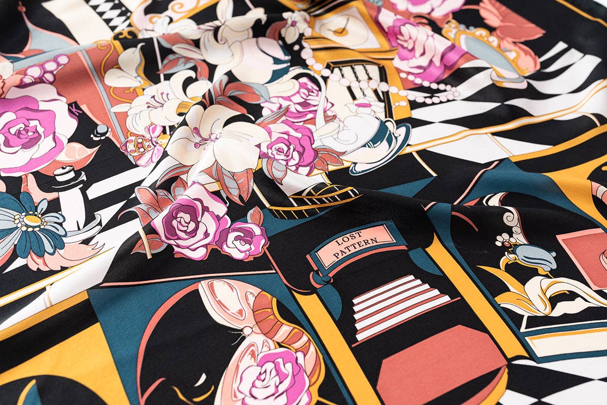 Noir "Vintage Blooms" Large Silk Square Scarf - Black & Purple for wholesale on Faire7