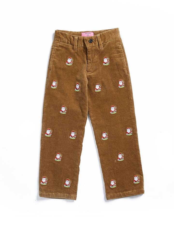 Pantalon en velours côtelé Beachcomber pour garçons kaki avec Père Noël et canne en sucre pour la vente par Castaway Clothing Nantucket Island