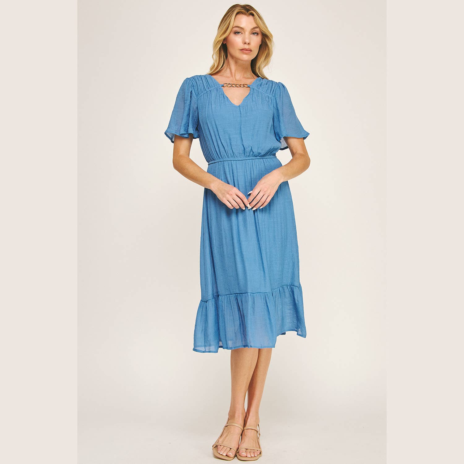 Winslow Collection - Wholesale Dress - Women's - FLUTTER SLEEVE NECKLACE DETAIL PRINTED MIDI DRESS5