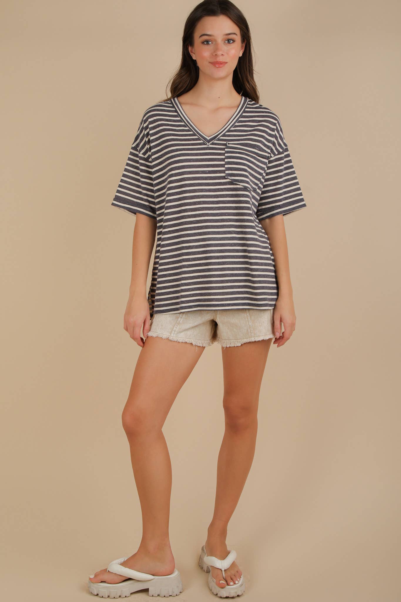 VERY J - Wholesale Knit Top - Women's - NT12167-Oversized Stripe Casual V-Neck Knit Top27
