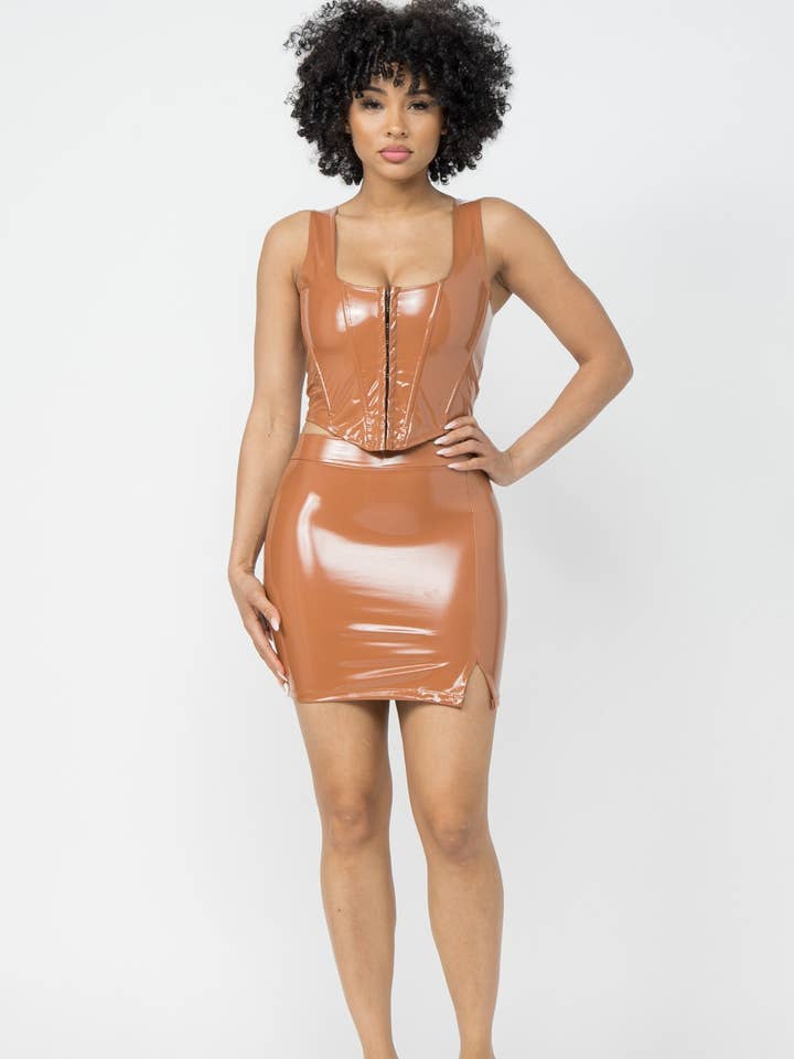 Glossy PU Skirt Set With Cinch Top for wholesale by Boswell