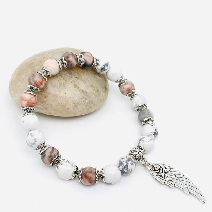 Mio Queena - Wholesale Beaded Bracelet - 8mm Natural Stone Elastic Bracelets Wing Pendant